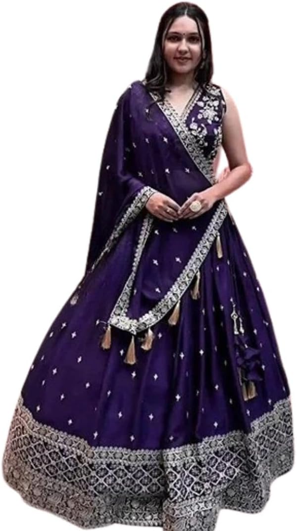 WeaRSquadWomen’s Art Silk Lehenga Choli with Sequins Embroidery Work & Unstitched Blouse - Parti Wear Georgette Dupatta for Weddings and Special Occasions
