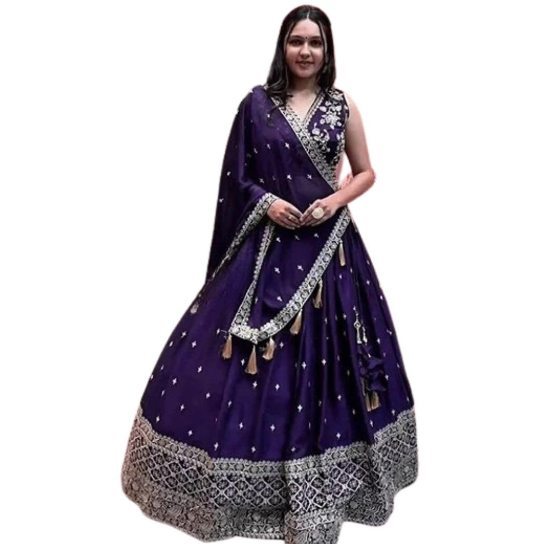 WeaRSquadWomen’s Art Silk Lehenga Choli with Sequins Embroidery Work & Unstitched Blouse - Parti Wear Georgette Dupatta for Weddings and Special Occasions