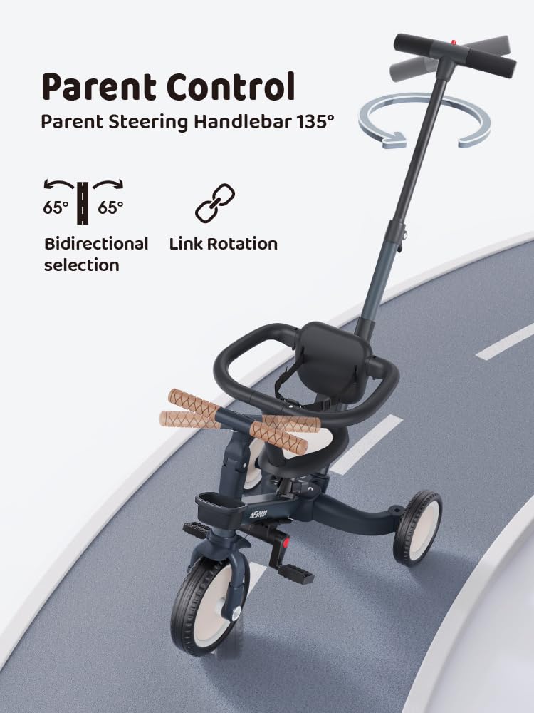 newyoo Tricycle Draisienne 5 en 1, Tricycle Bébé Évolutif 1-3 Ans avec Barre Poussée, Vélo Enfant, Guidon Réglable, Barres Sécurité, Jouet à Chevaucher, Cadeau Anniversaire, TR008, Gris Anthracite