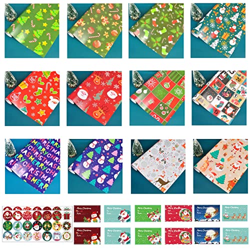 Vebetter Papel De Regalo, 12PCS Papel De Regalo Navidad, 51 * 75cm Papel Regalo Navidad, Papel De Regalo Infantil con Pequeña Tarjeta De Navidad/Pegatinas De Navidad, Xmas Papel De Regalo Reciclable Cover