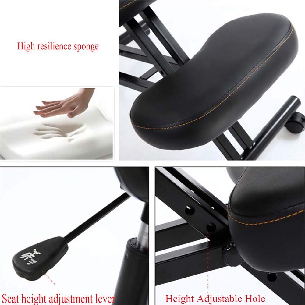 Ergonómico Silla De Rodillas, Gruesas Asiento Almohadilla con Asiento Trasero Ortopédico Manual Ajustar Rolling Ajustable Taburete para Una Mejor Postura.-Black PU Faux Leather