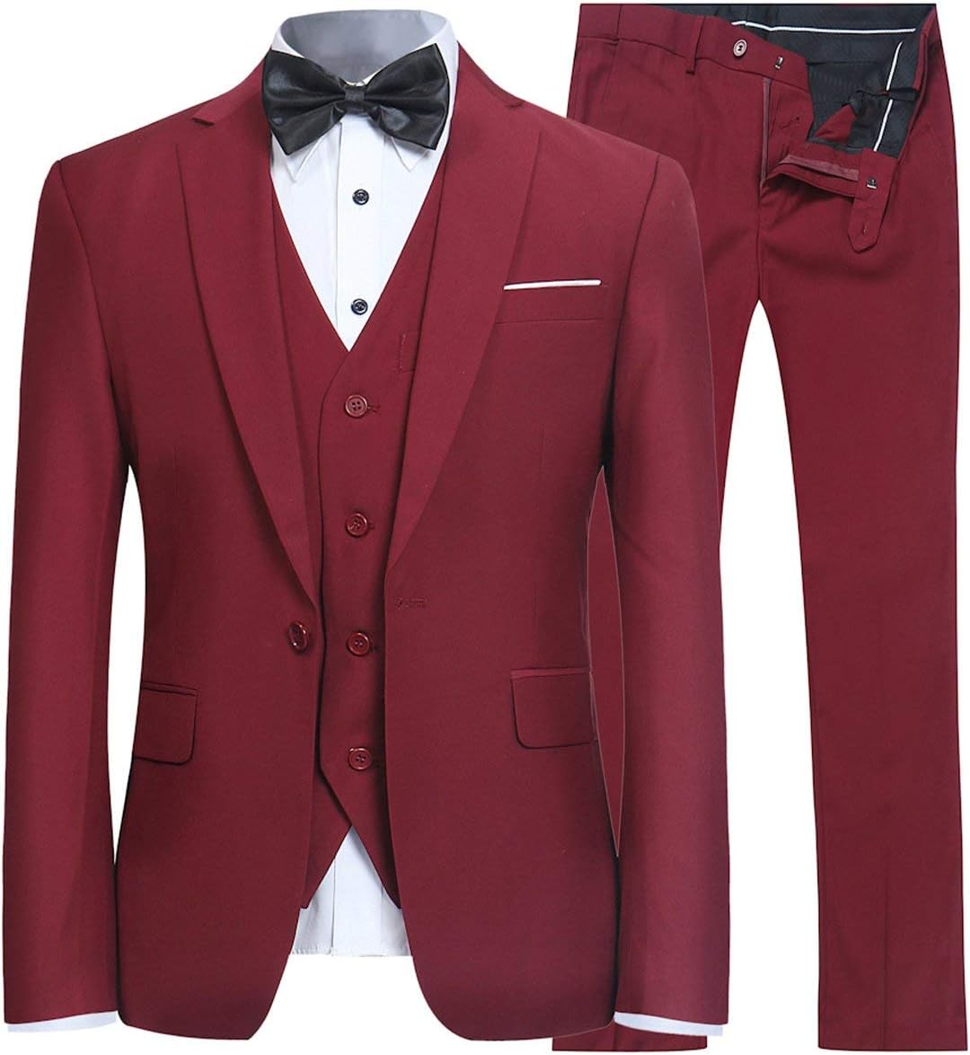 YFFUSHI Men's 3 Piece Suit Set One Button Solid Blazer Jacket Vest Pants for Business, Wedding and Prom