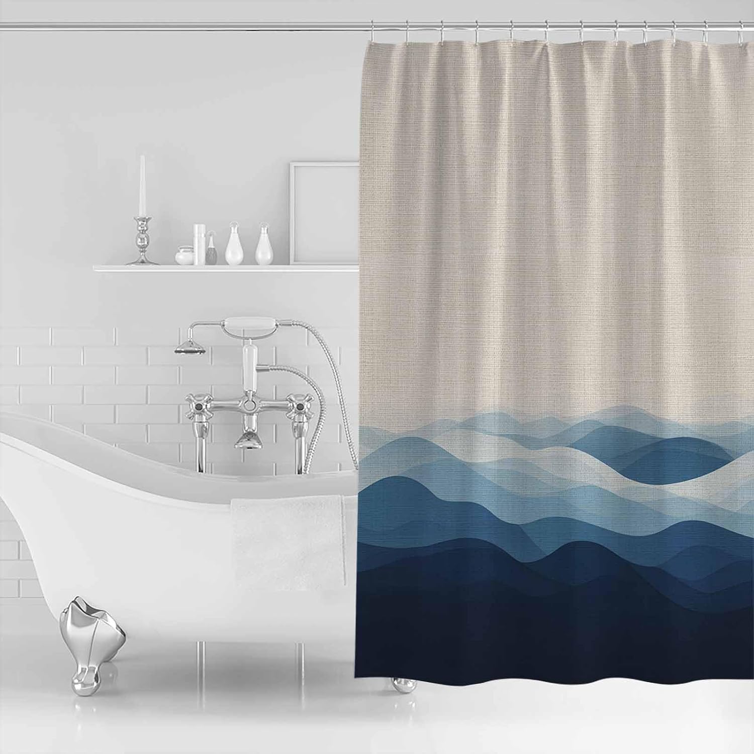 Blue Beige Ombre Shower Curtain, Stall Shower Curtains for Bathroom/Bathtub, Minimalist Ocean Waves Linen Waterproof Fabric Shower Curtain Set with 12 Hooks, Long 72" x 84"