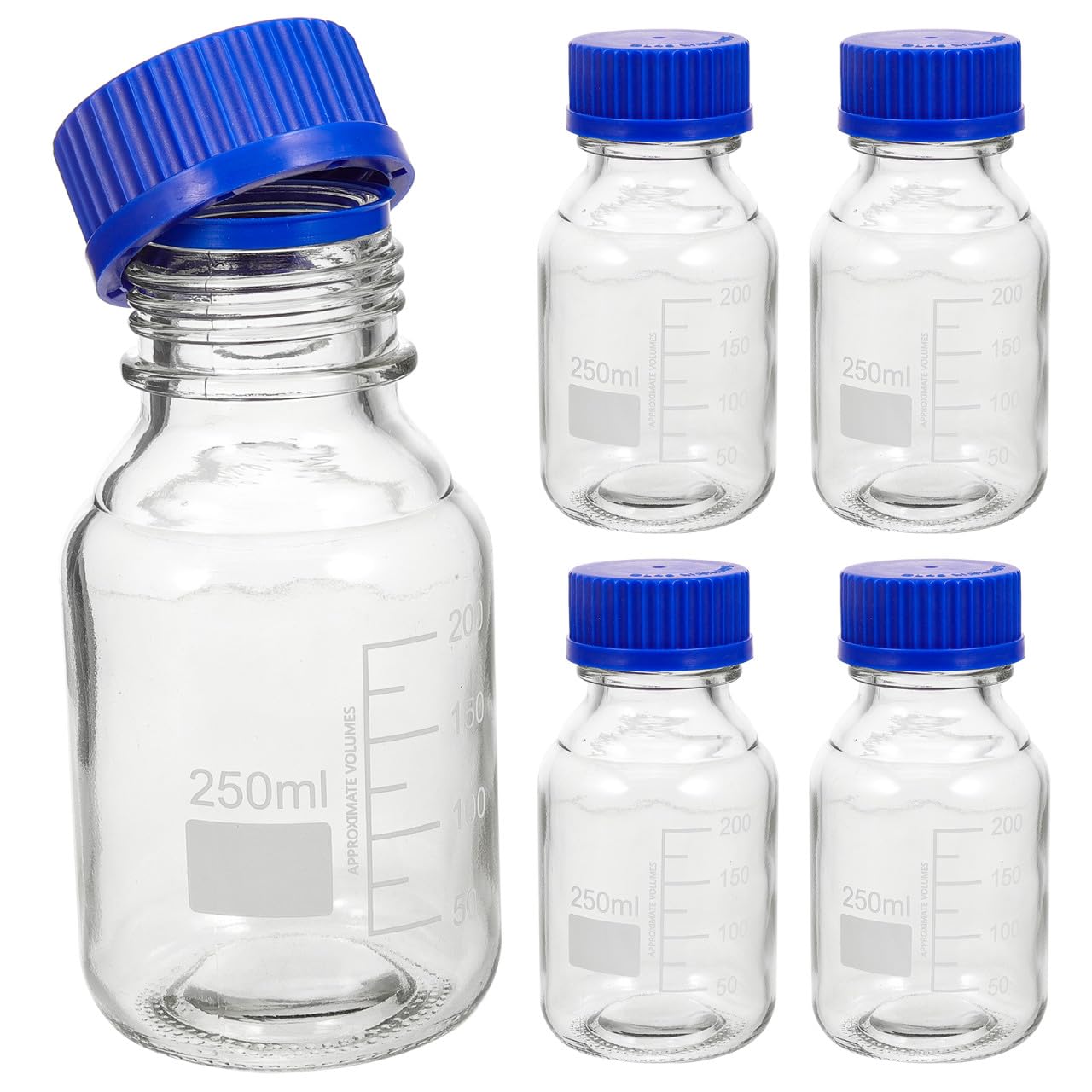 ABOOFAN 4 Pezzi Bottiglia di Reagente Graduata in Vetro da 250ml con Tappo a Vite Blu, Riutilizzabile e Multiuso per Laboratori Chimici e Istituti Scientifici
