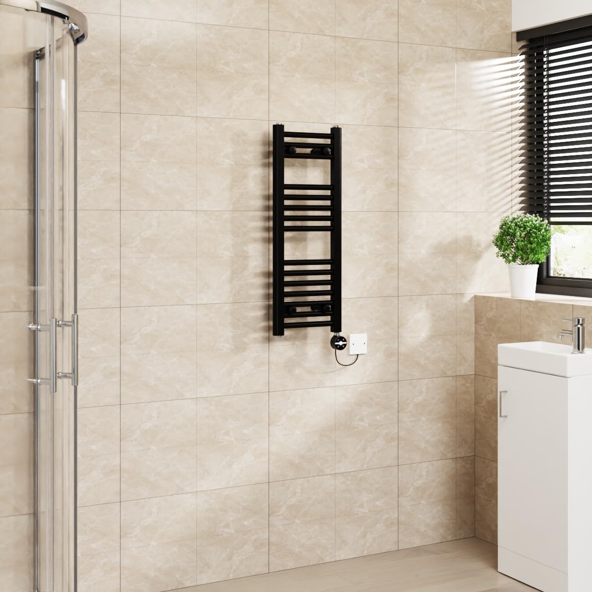 Warmehaus Touch Screen Thermostatic Electric Bathroom Straight Heated Towel Rail Warmer Radiator with Timer Black - 800x300mm