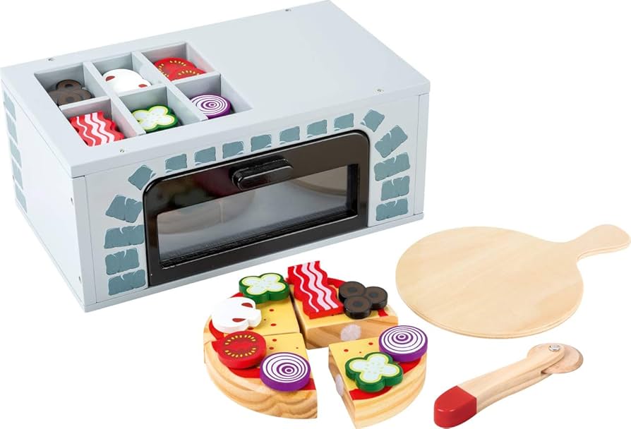 Small Foot Wooden Toys - Pizza Oven Playset 25 Pieces - Includes Pizza Slices, Pan, Cutter, Play Food
