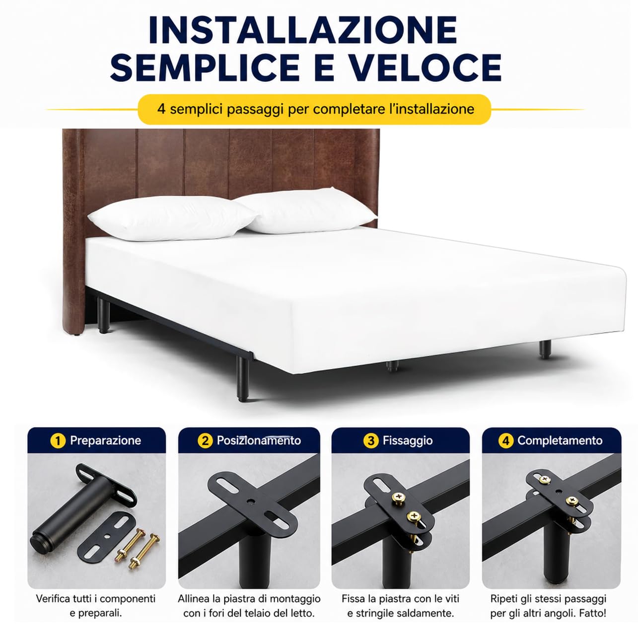 Engelblick 4 Pezzi Piedini per Rete a Doghe in Metallo, Altezza Regolabile Senza Foratura, Piedi di Supporto Centrale per Letto e Mobili, Set da 4 (18-34 cm)