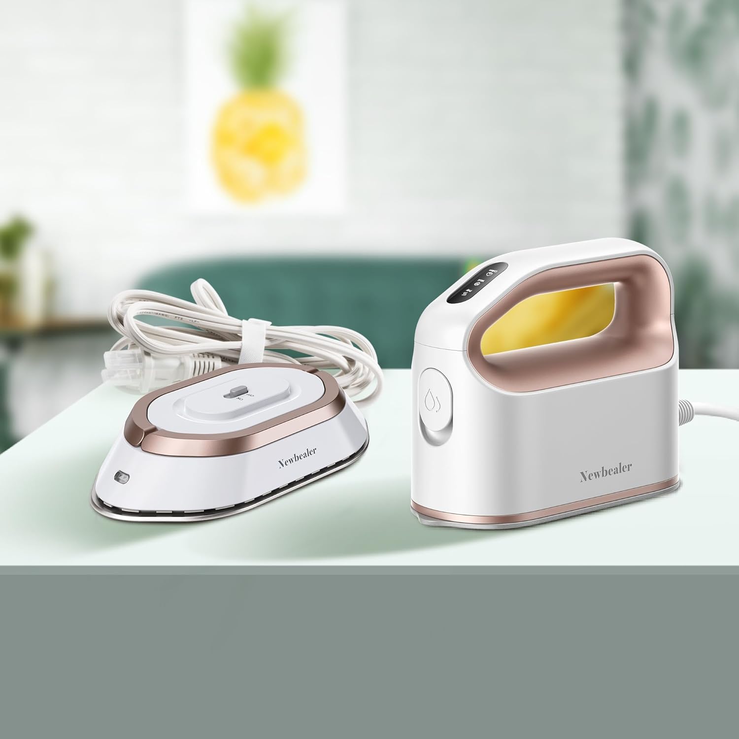 Newbealer Dual Voltage Travel Iron Bundle with Smart Steam Iron, Non-Stick Ceramic Soleplate, Dual Companion for Travel & Home - Gold