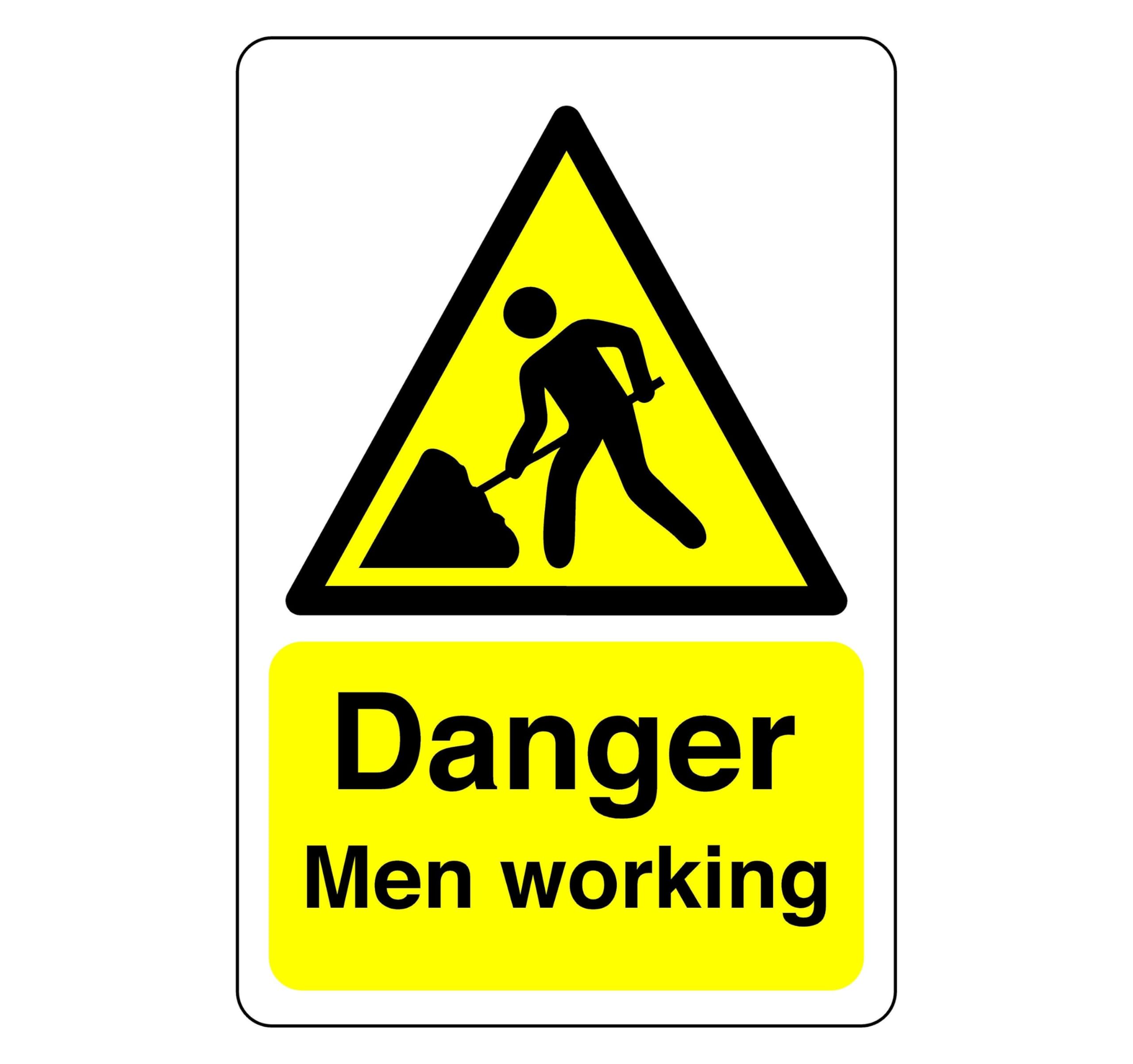 Danger men working sign - 1.2mm Rigid plastic for indoor/outdoor usage (200mm x 150mm) Viewing Distance within 5m.