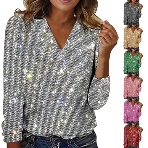 Dames glitter shirts, V-hals T-shirts, lange mouw, pailletten blouses, losse tuniek, lente, zomer, effen kleur, zachte blouse, lichtgewicht tops, loungewear, Rood, S