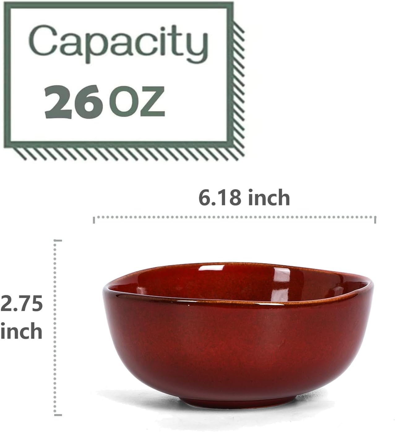 vicrays Ceramic Cereal Bowls Set - Porcelain 26 Ounce Soup Salad Bowls - Rice Dessert Cream Bowls Set - Chip Resistant Dishwasher Microwave Safe - Set of 6 (Cherry Red)