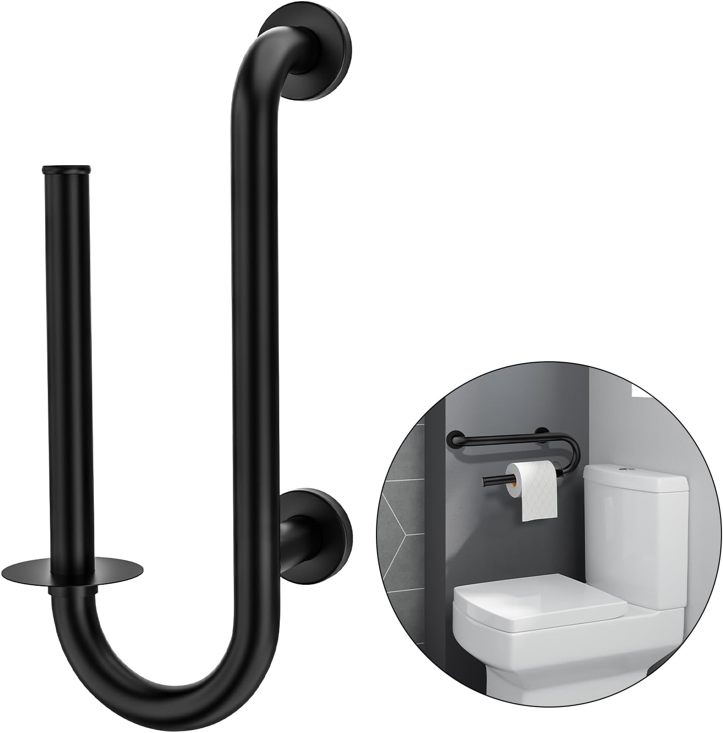 Black Bathroom Grab Bar 16 Inch, Stainless Steel Handicap Toilet Paper Holder with Safety Bar, Wall Mounted Toilet Grab Bar for Elderly Senior Disabled