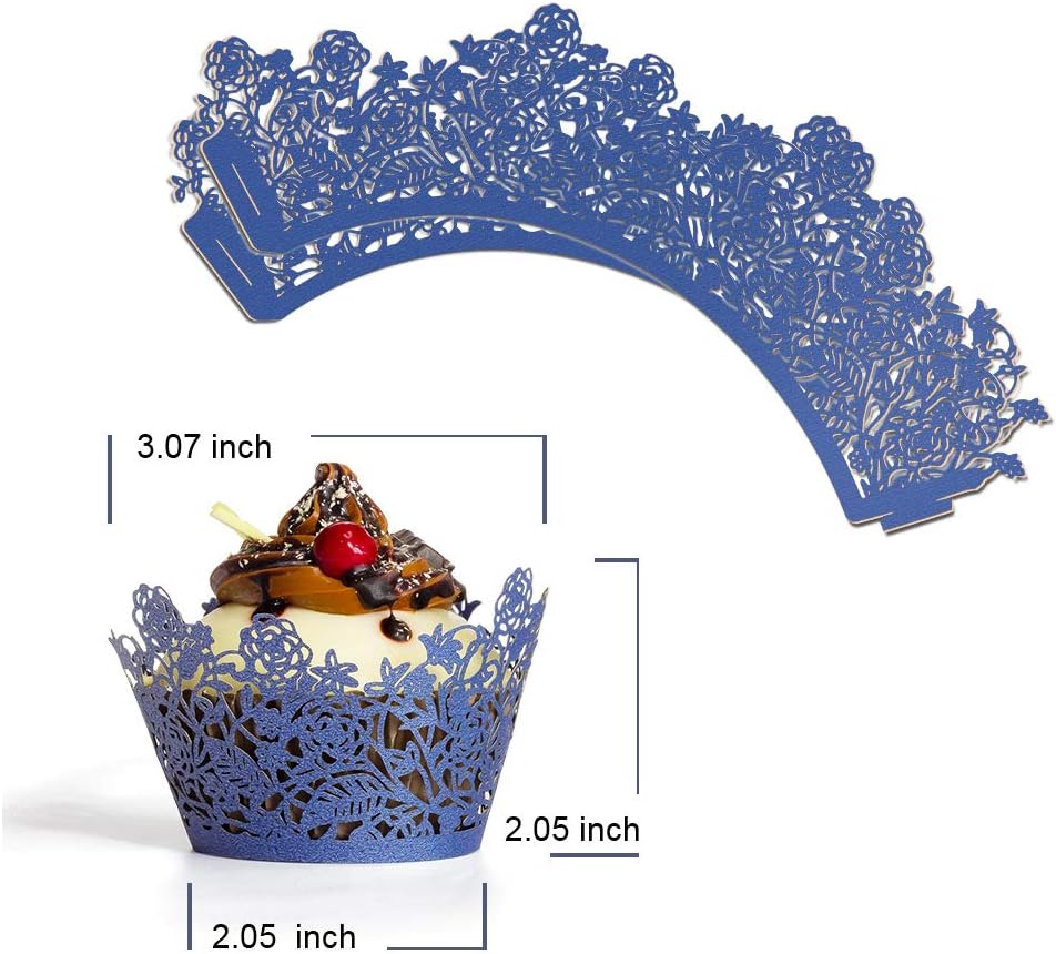 YOZATIA 60pcs Navy Blue Rose Lace Cupcake Wrappers Holders, Laser Cut Cupcake Liners Decorative Liners for Wedding Party Birthday Cake Decoration Supplies - Image 3
