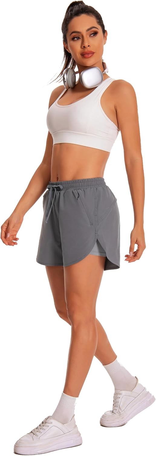 Womens Running Athletic Shorts - 2 in 1 Shorts High Waisted Workout Gym Casual Shorts Mesh Liner Zipper Pockets - Image 5