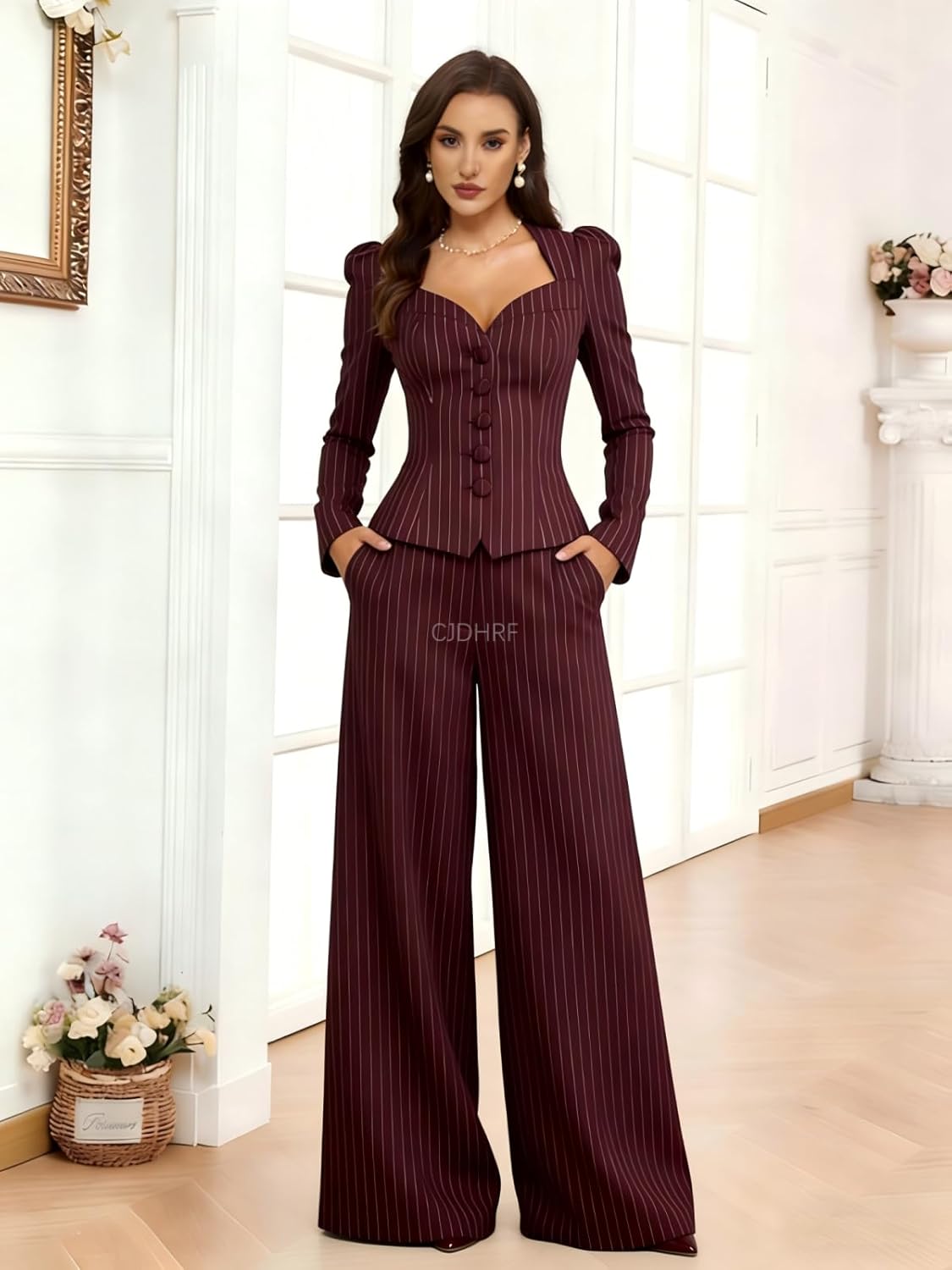 Pinstripe Suits Slim Fit Sweetheart 2 Piece Business Casual Outfits with Jackets Formal Wedding Guest Dress