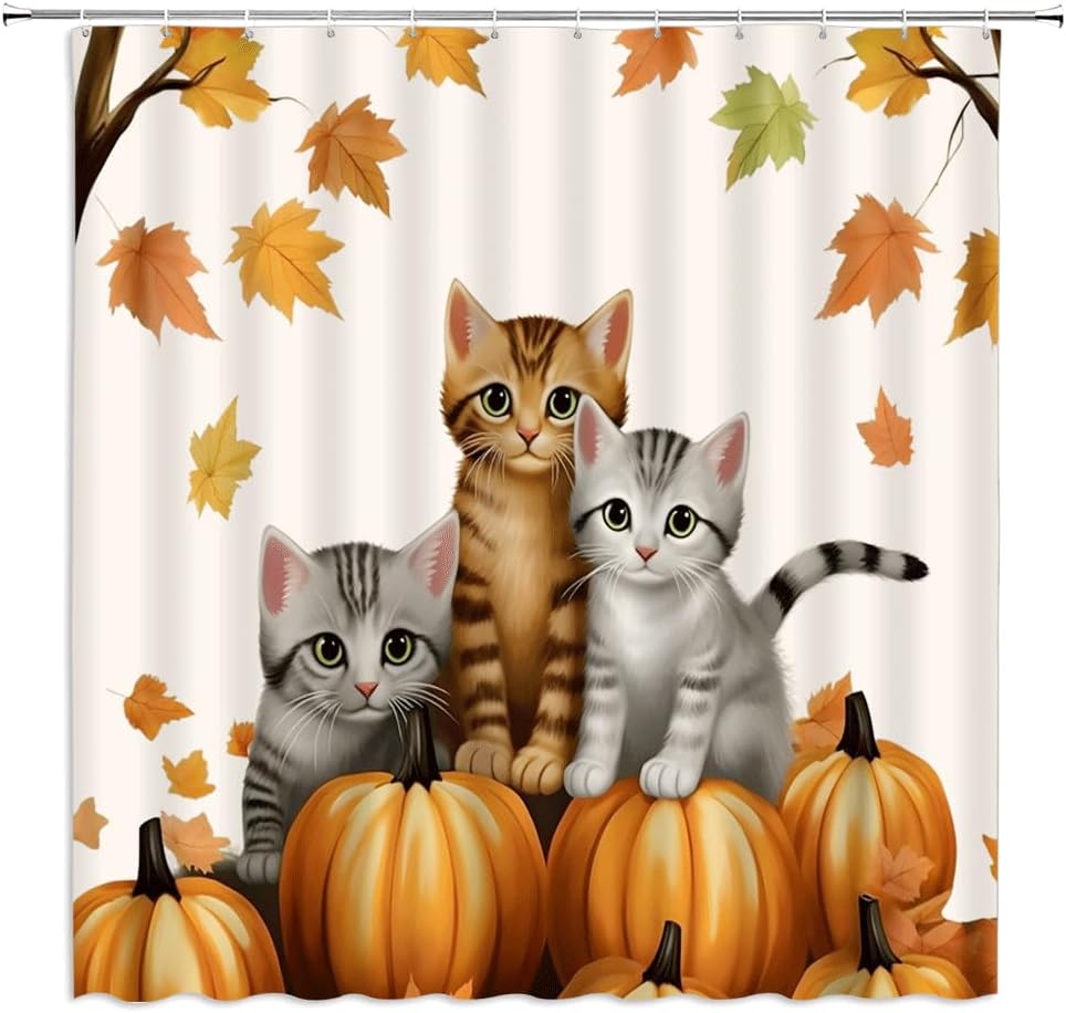 Fall Pumpkin cat Shower Curtain Funny Kitten Standing on Pumpkins Maple Tree Fallen Leaf Thanksgiving Halloween Decor Bathroom Curtain with Hook