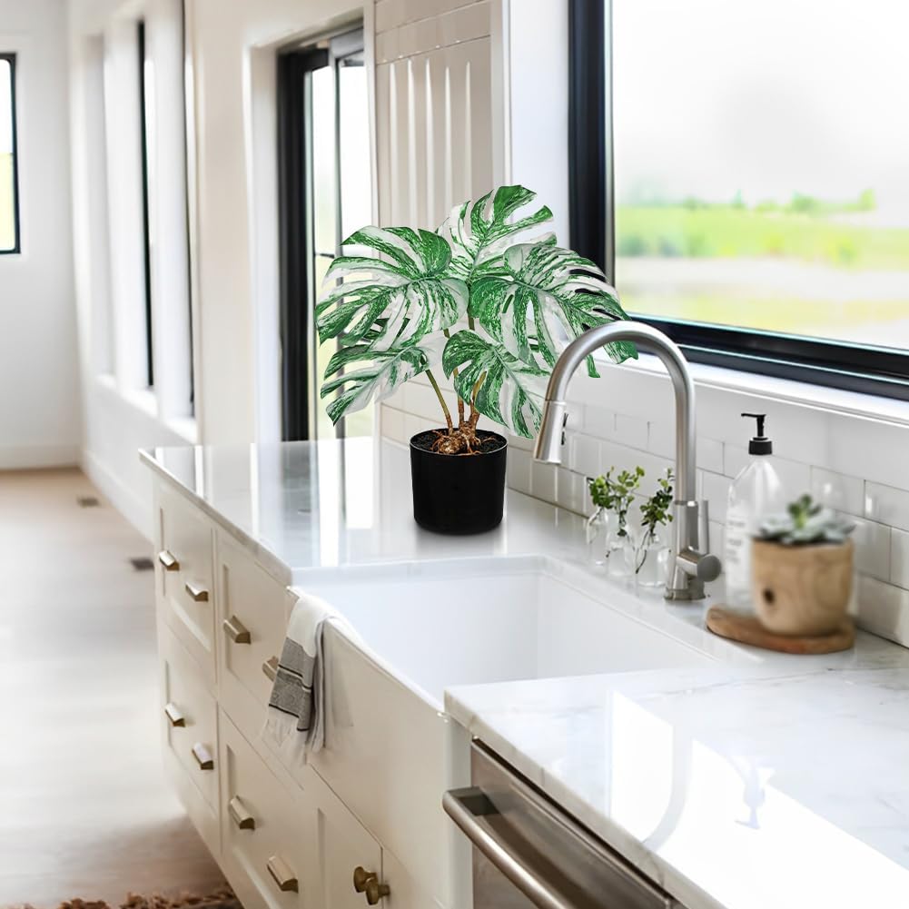 DILATATA Fake Plants Artificial Variegated Monstera Plant 18" Faux Potted Monstera Plant Indoor Tropical Palm Fronds with Black Pot for Indoor Home Decor Office Living Room Porch Decor