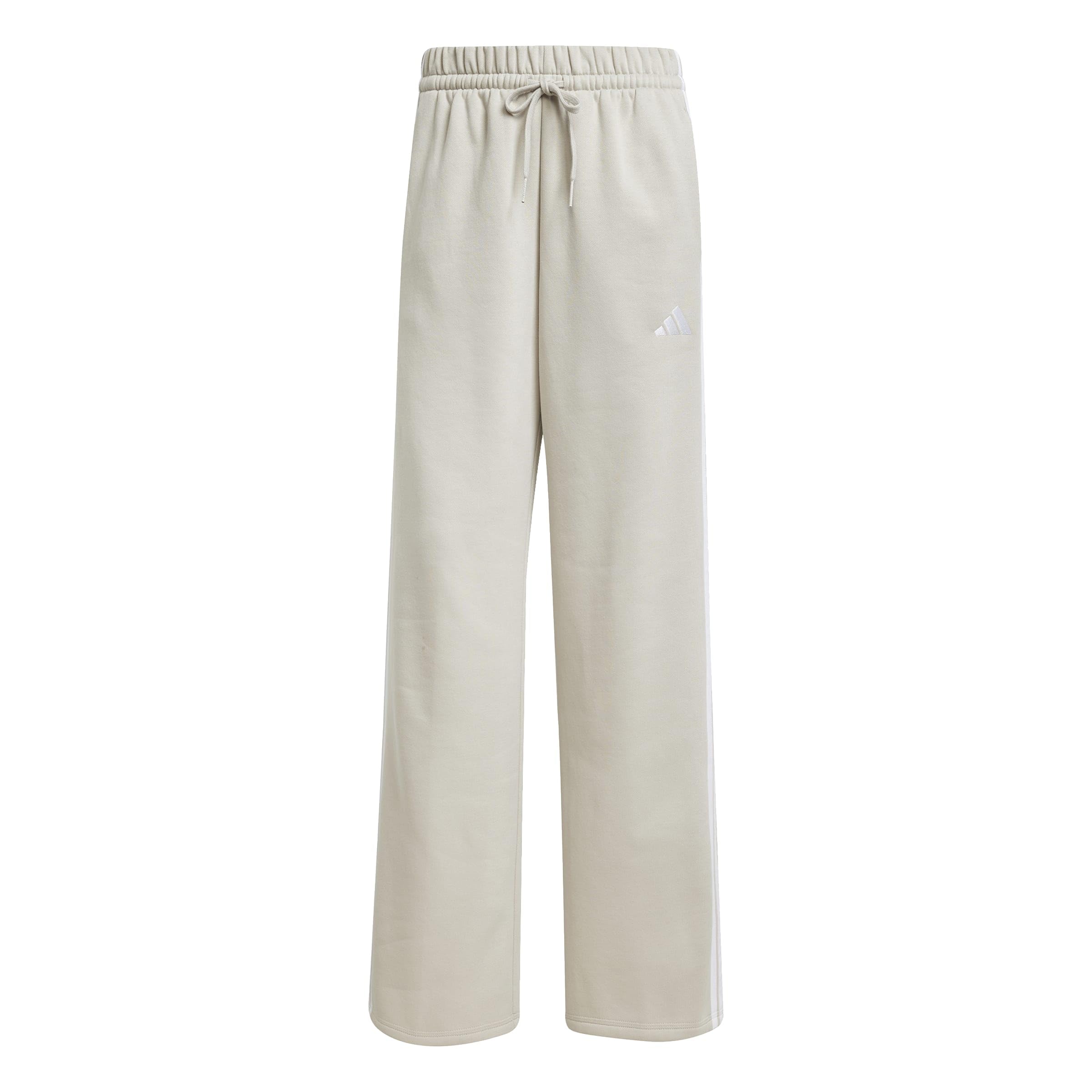 Adidas Sportswear Wide Leg Fleece Trousers, Essentials 3 Stripes Women's Beige Medium
