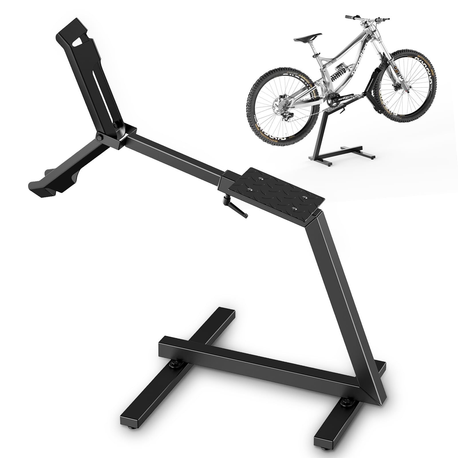 Bike stands made of robust carbon steel, load capacity up to 45 kg, low-maintenance MTB stand with swivel rear wheel, stable frame for 70–74cm wheels
