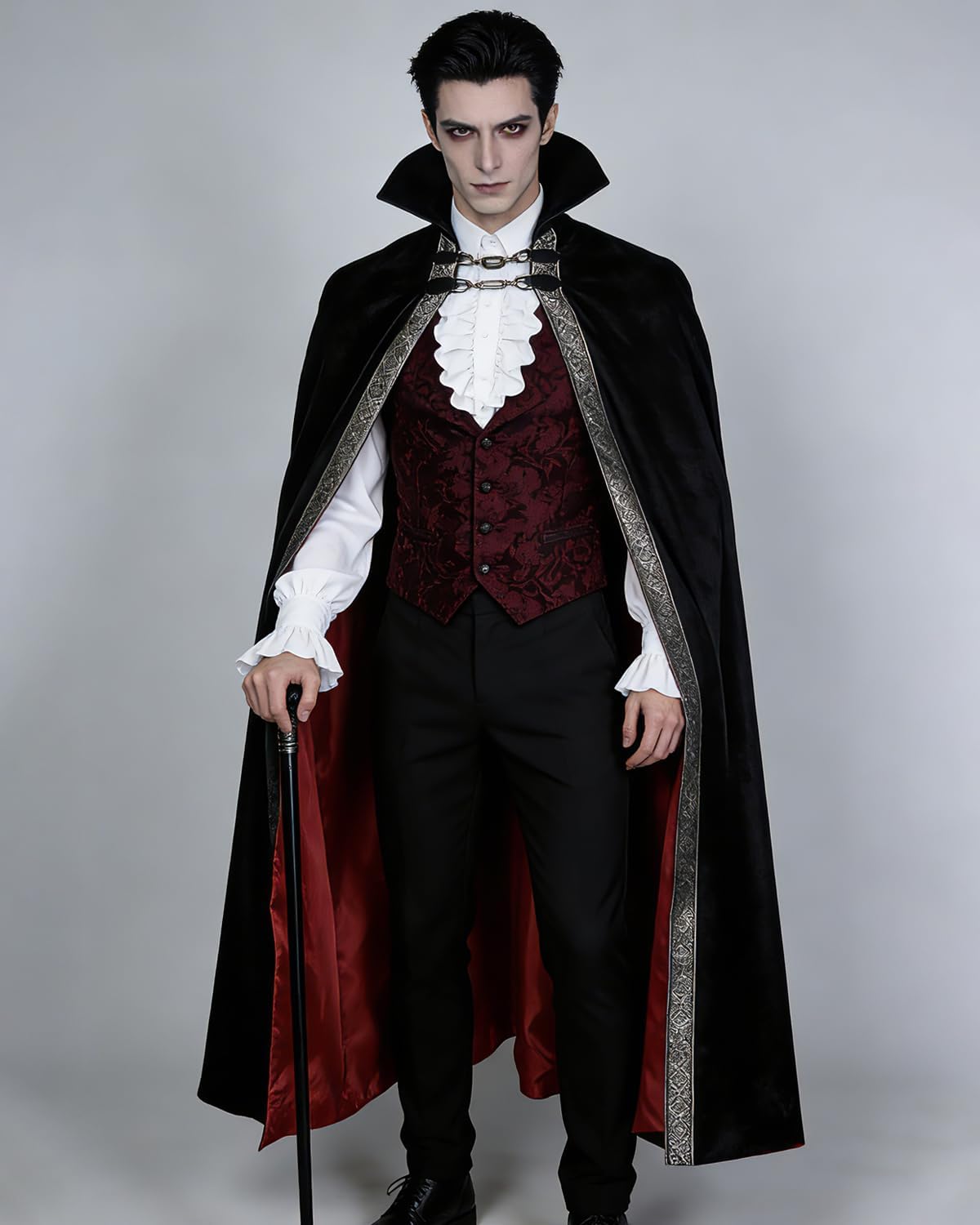 Joukavor Men's Vampire Cape with Stand Up Collar - Victorian Gothic Cloak for Renaissance & Halloween Cosplay
