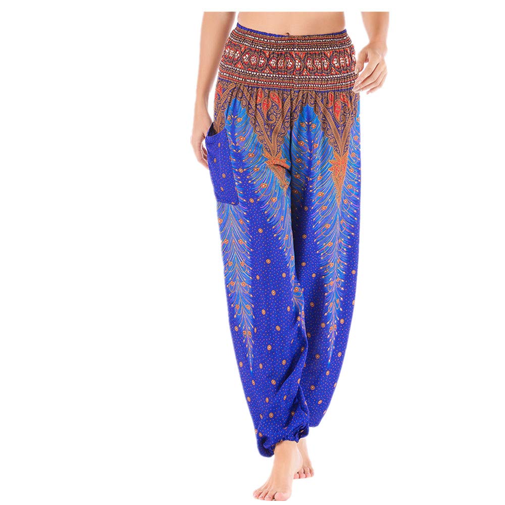 Fansu Women's Peacock Blue Boho Harem Pants Thai Floral Yoga Hippy Bohemian Printed Smock Waist Style Hippie Festival Lounge Trousers (Free Size)