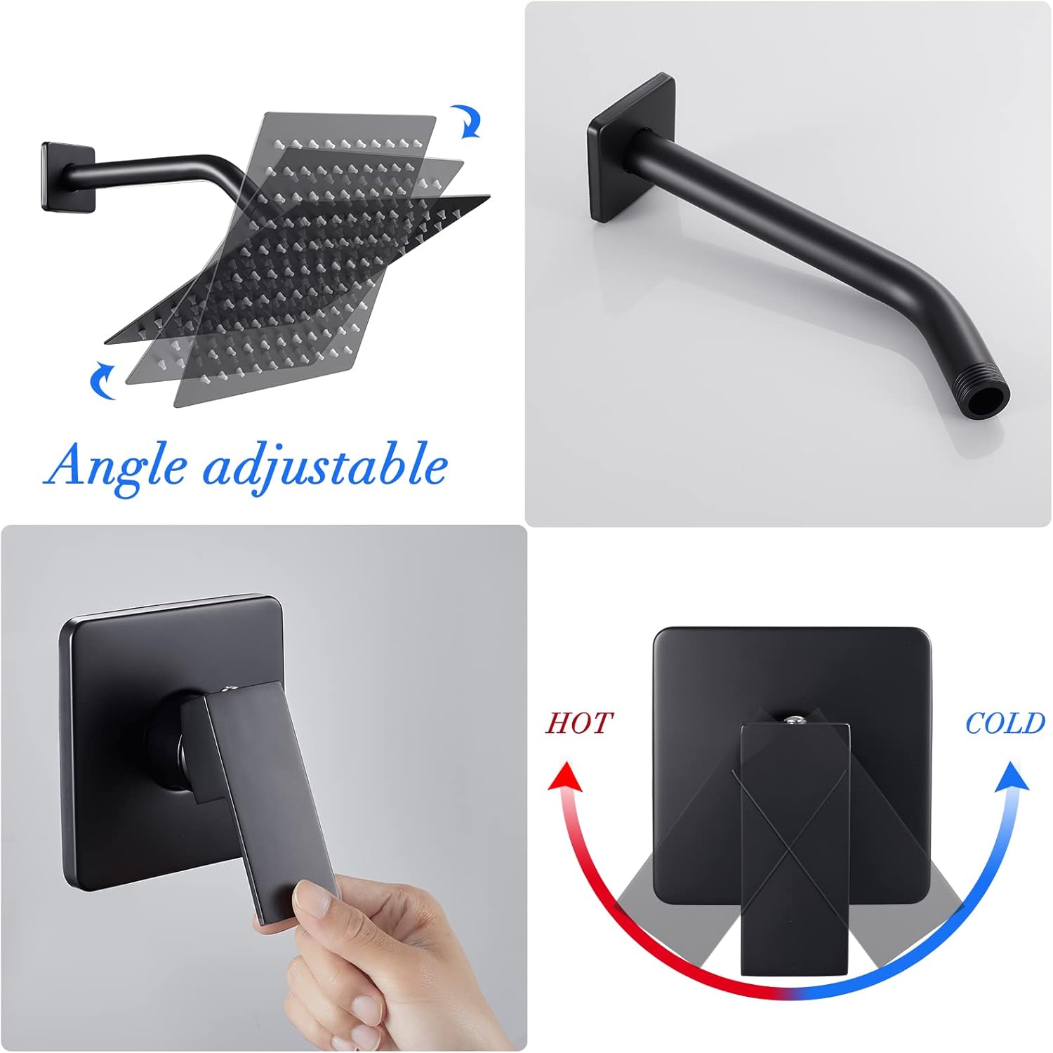 POPFLY Black Shower Faucet Set, High Pressure 8 Inchs Square Shower Rainfall Head, Bathroom Single Funtion Shower Mixing Valve Kit with Rough in Valve…