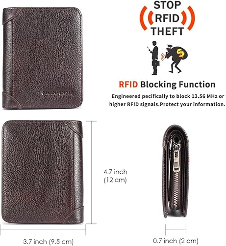 Miniatura 2 de Cartera de cuero con cremallera para hombre con bloqueo RFID con 8 ranuras para tarjetas, 2 bits de fotostarjetas de identificación, 2 ranuras