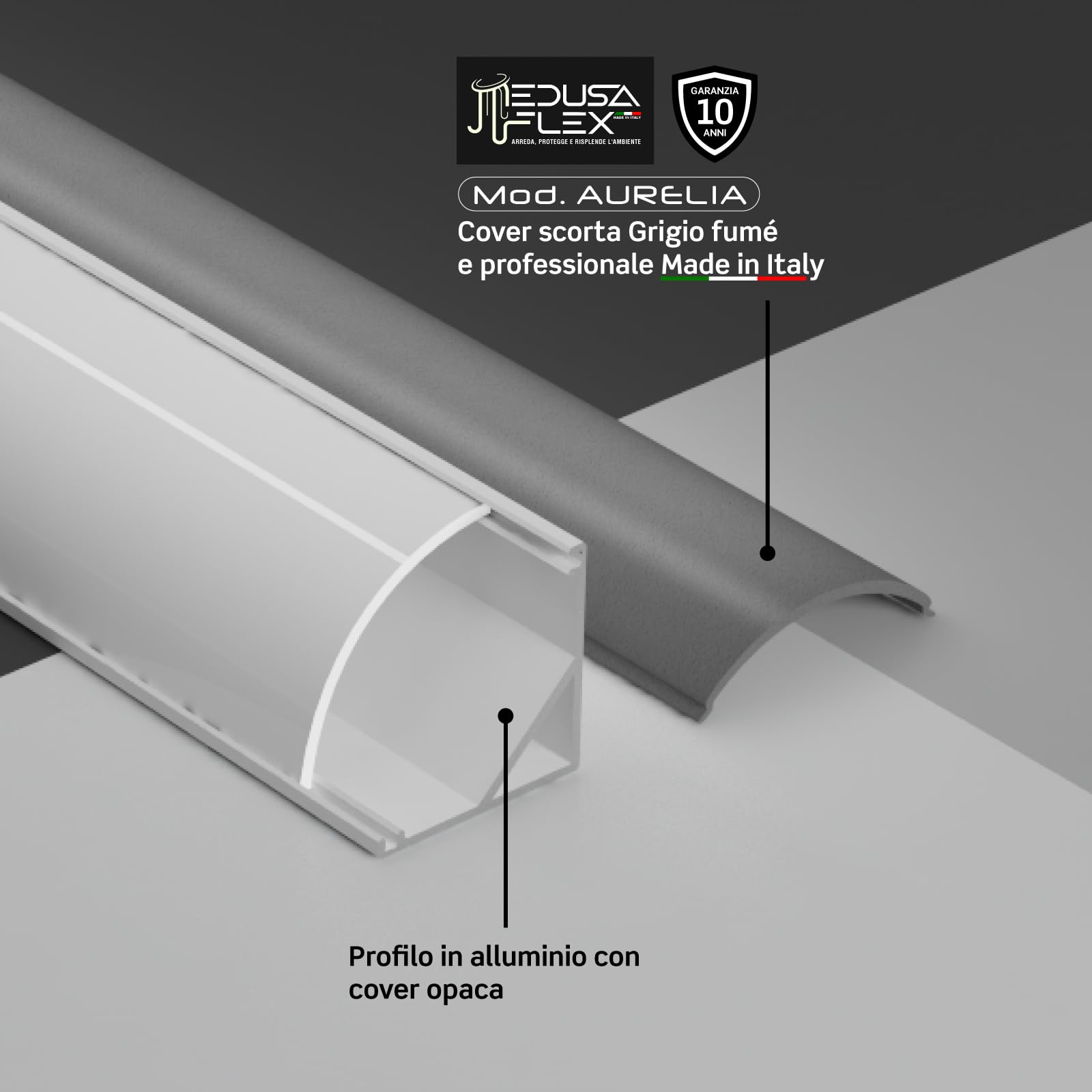 Profilo Alluminio Angolare per Strisce LED Bianco con copertura Professionale Grigia Made in Italy MedusaFlex in Policarbonato - Pacco da 5 (10m) 2000 x 15.8 x 15.8mm - Cover standard opaca inclusa
