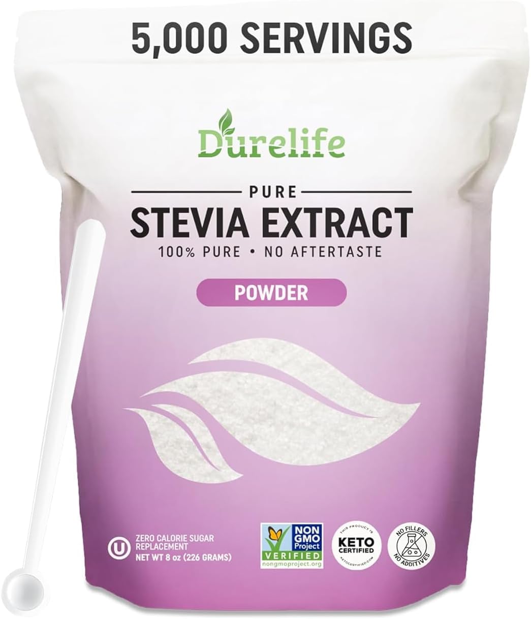 Durelife 100% Pure stevia extract sweetener 8 oz | No Erythritol, NON-GMO Project Verified, No Fillers, Zero Calorie Sugar Substitute | No Aftertaste | Micro-Spoon Included | 8 oz