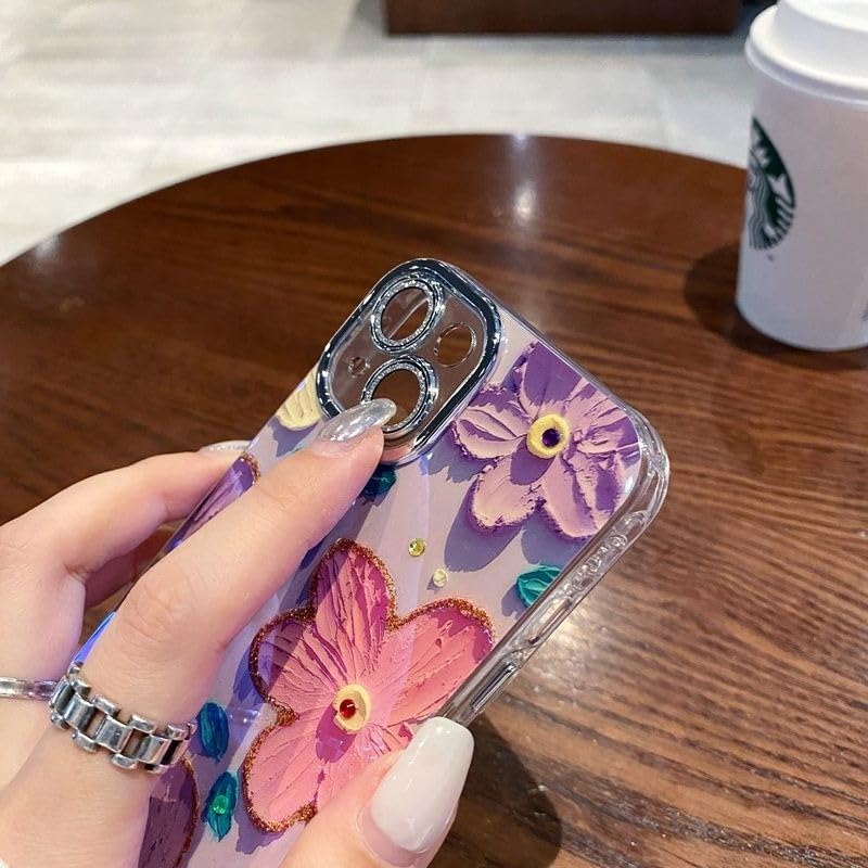 Image of Elzzi Compatible with iPhone 16 Pro Max Case 3D Laser Flower Oil Painting Cute Colorful Blue Ray Bumper with Full Camera Protection Shockproof PC+TPU Glossy Shiny Cover for Girls Women, Pink & Purple