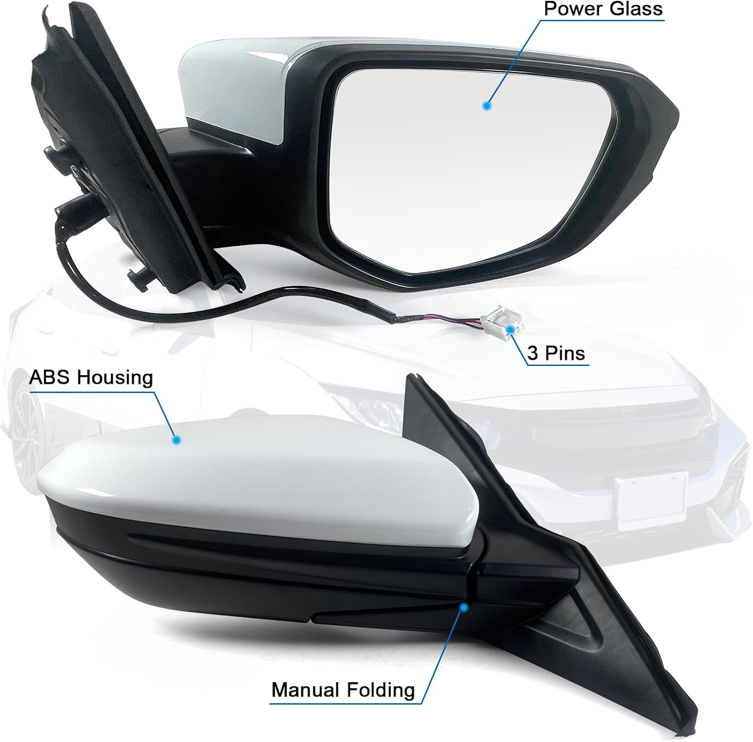 Right Passenger Side Door Mirror For 2016-2021 HONDA CIVIC LX SE Sport with Power Mirror Ajust Manual Fold Non-Heated Match to Taffeta White Replace 76208TBAC03ZA; HO1321283(3 Pins)