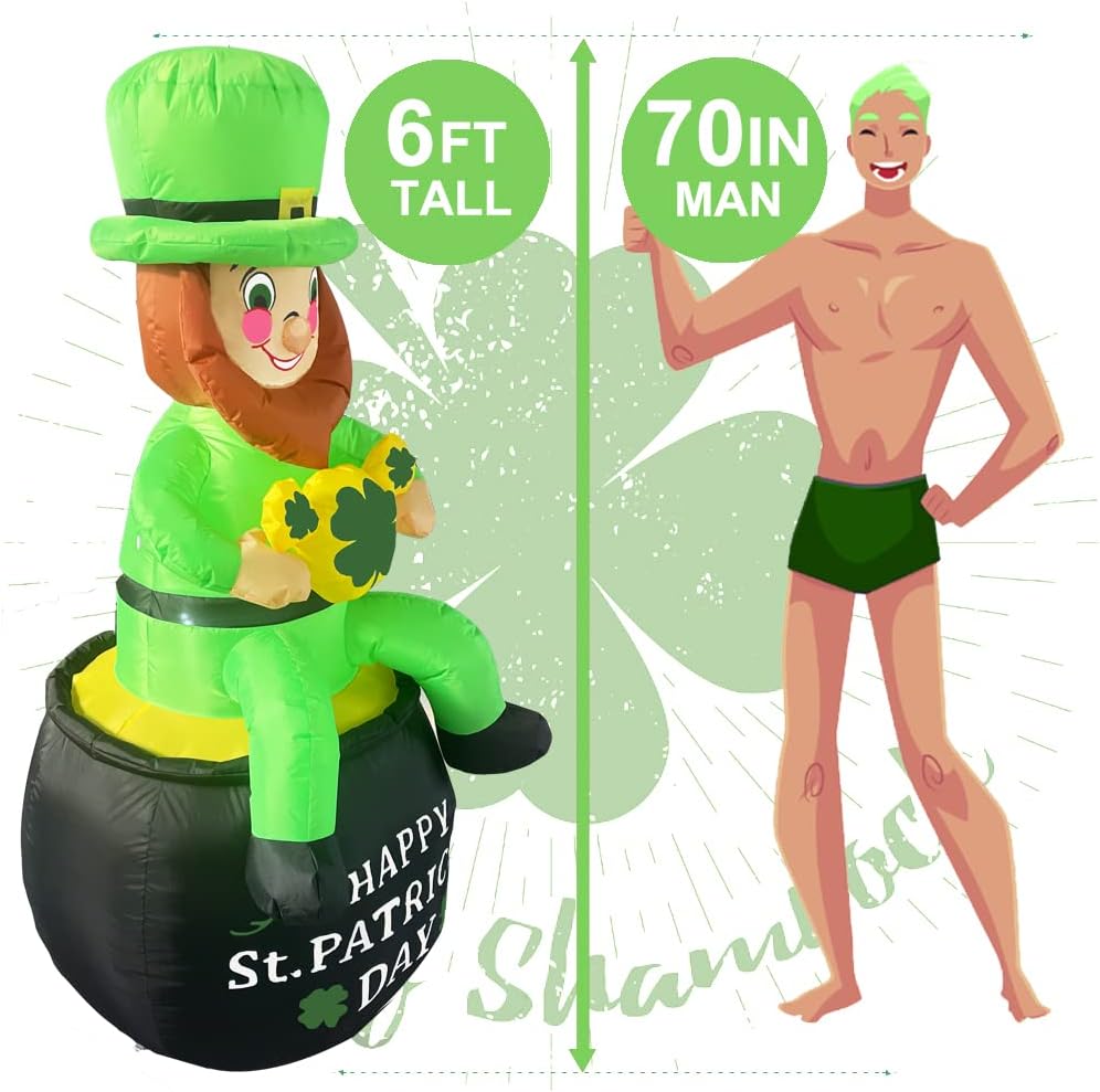 Giant St Patricks Day Decorations Outdoor Inflatable Leprechaun - 6FT Blow Up Yard Decorations Build-in LED Lights Lucky Leprechaun Holding Shamrocks Sitting Pot of Gold, Garden Lawn Decor Party Props : Patio, Lawn & Garden