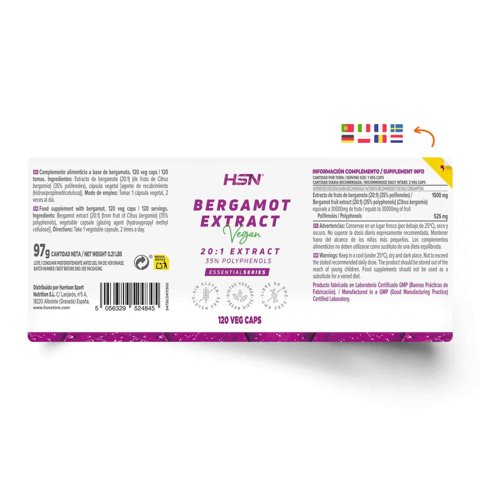 HSN Extrait de Bergamote 1500 mg (35% Polyphénols) par Portion Quotidienne | 120 Gélules Végétales | Extrait 20:1 | 30000 mg Citrus bergamia (équivalent fruit) | Sans OGM, Végan, Sans Gluten