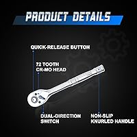 Vista 4 de Llave de trinquete de accionamiento de 1/4 pulgada, llave de dados estándar, liberación rápida de 72 dientes, función de trinquetaje reversible