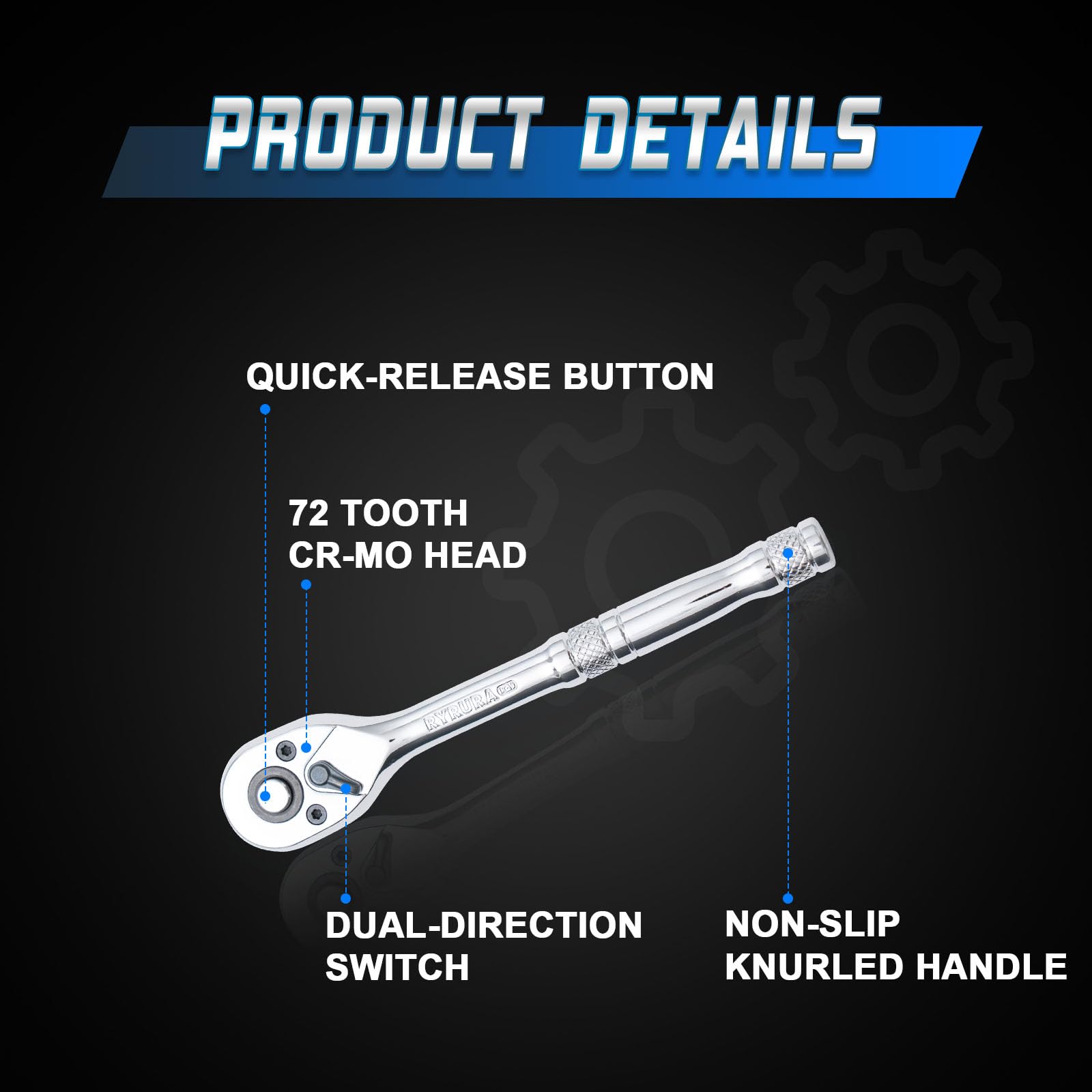 Llave de trinquete de 1/4 pulgadas, llave de enchufe estándar, liberación rápida de 72 dientes, función de trinquete reversible con mango de metal