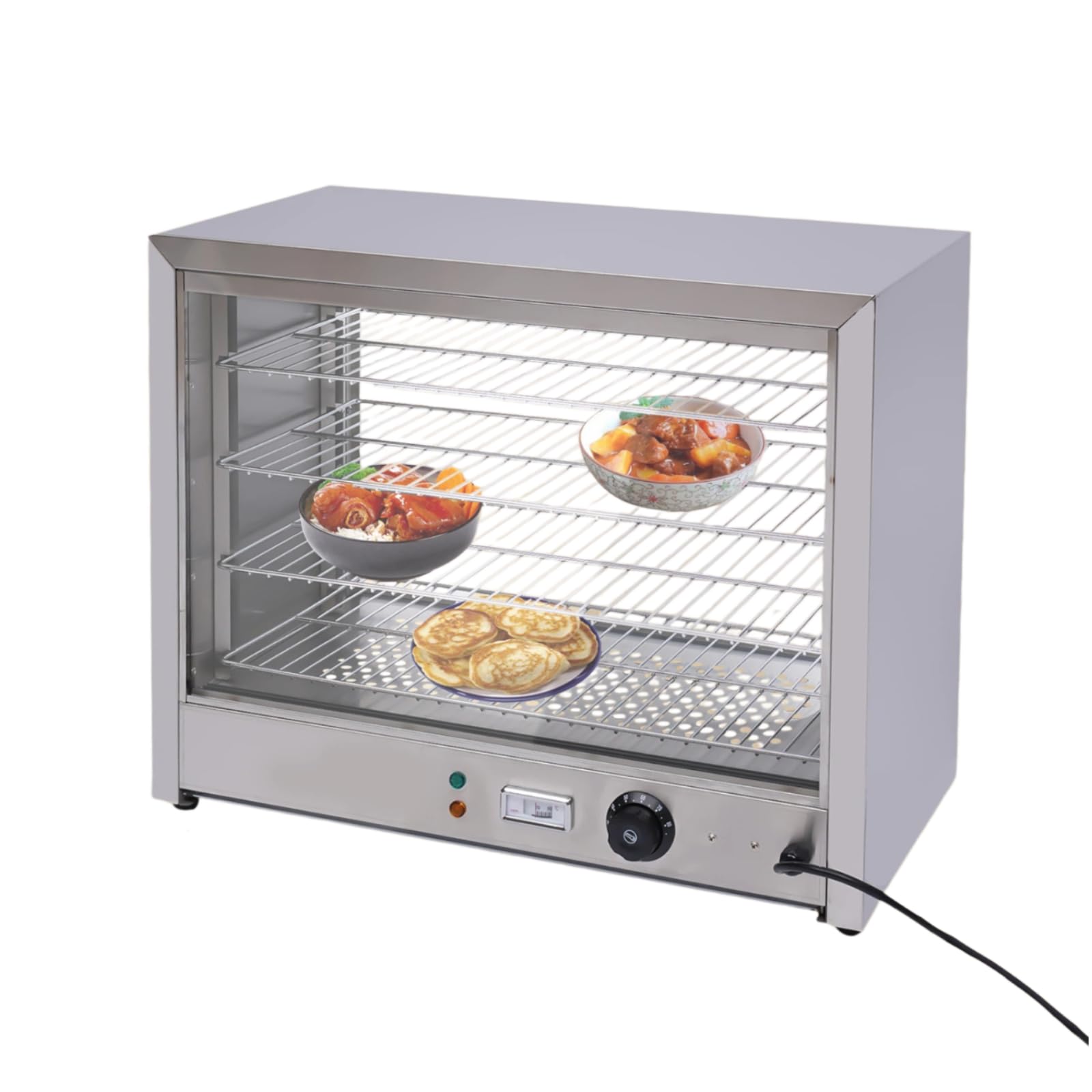 Mqwdxzfex - Scaldacibo in acciaio inox, 4 piani, 800 W, scalda pizza commerciale, vetrina elettrica per forno, mensa, ristorante fast food, regolazione della temperatura 30-85°C