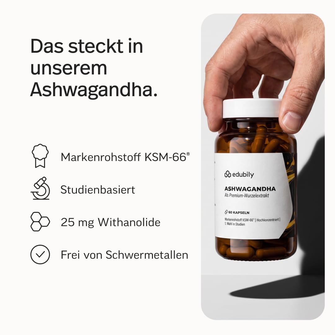 edubily® Ashwagandha-Extrakt - Mit 500 mg Extrakt pro Kapsel - Markenrohstoff KSM-66® mit 25 mg Withanoliden (60 Kapseln)