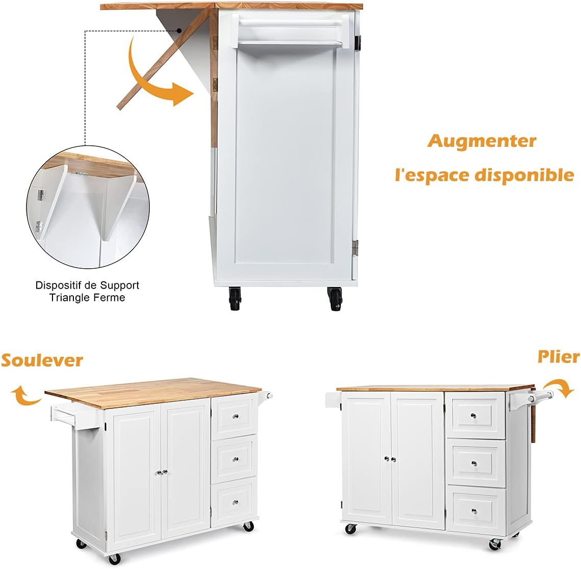 Kitchen Cart on Wheels with 3 Drawers & 3 Adjustable Compartments Foldable Kitchen Island with Spice Rack & Towel Holder White 136x76x91CM