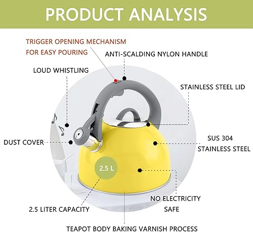 Miniatura 2 de Bonita estufa de té, hervidor de acero inoxidable con silbato fuerte, hervidor de agua caliente ideal y caldera de agua apta para hervir agua y té