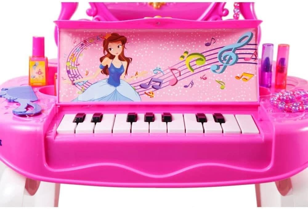 DIMPLE (Set of 3) 2-in-1 Princess Vanity Set Girls Toy Makeup Accessories with Working Piano, Hair Dryer & Flashing Lights, Big Mirror, Chair, Pretend Cosmetics - Princess Appears in Mirror for Girls