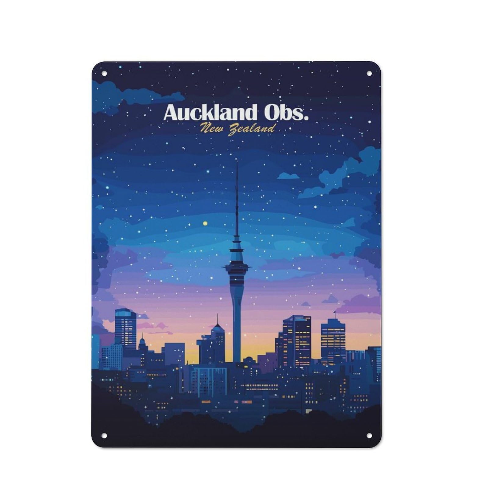 Junmoney Style-11 Auckland Skyline Night Warehouse Style Metal Wall Decor 40X30cm, Metal Wall Sign For Workspace, Cafe, Hallway Or Garage