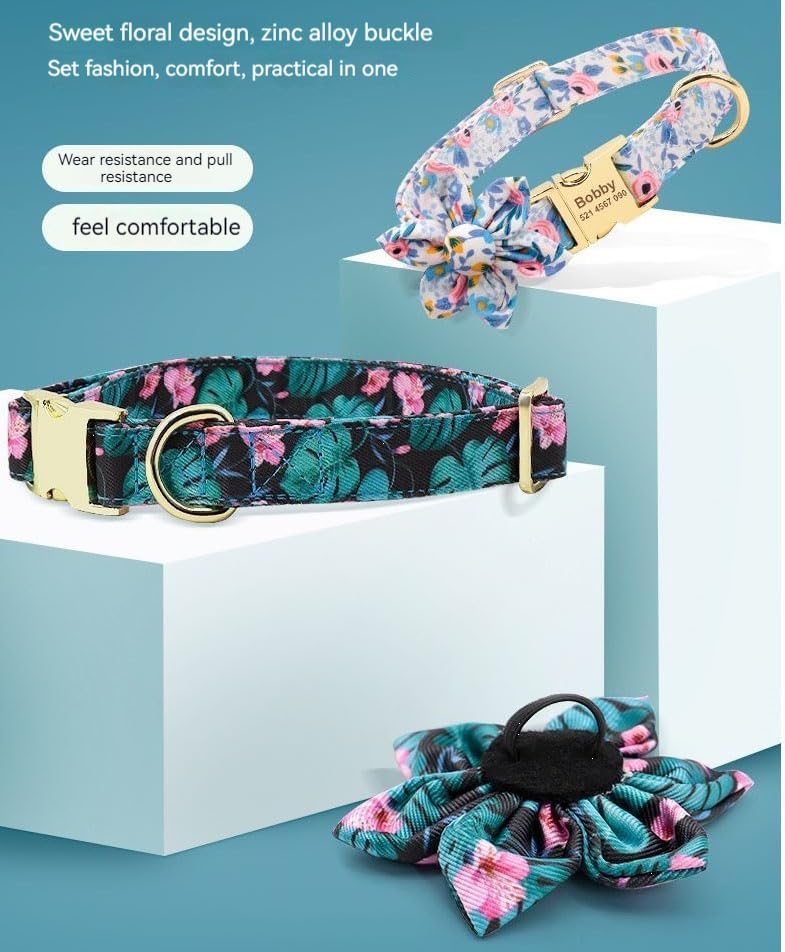 Miniatura 3 de Juego personalizado de collar y correa para perro con nombre y placa de número de teléfono, collar de perro con margarita personalizado para perros