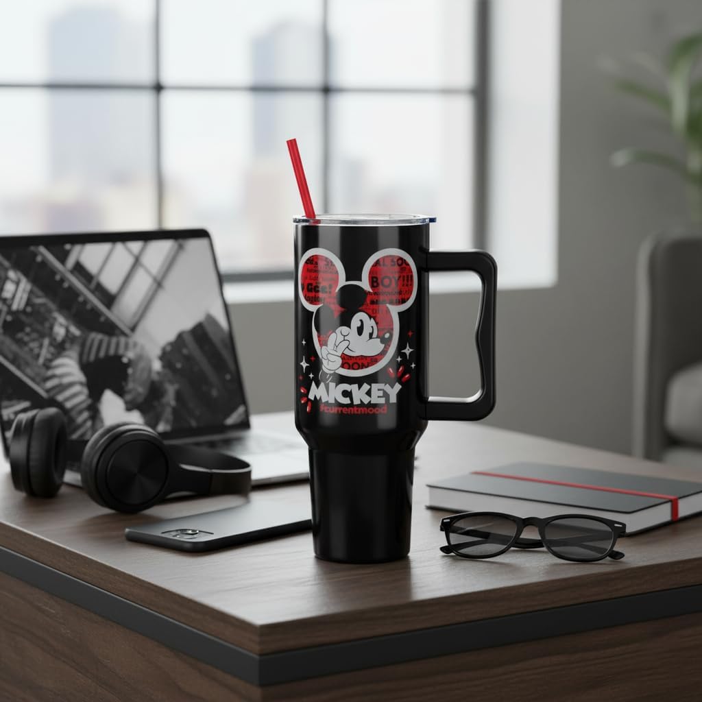 Silver Buffalo Disney Mickey Mouse Trinkglas, Edelstahl, 1.134 g | Classic Hashtag Current Mood #currentmood, doppelwandig, Griff, Strohhalm, passt in Standard-Becherhalter, 1,18 Liter