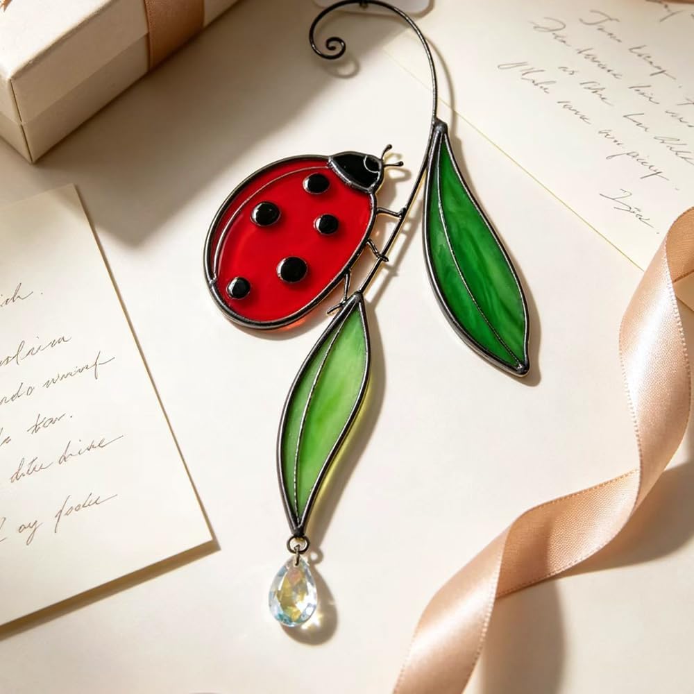 Handmade Real Stained Glass Ladybug Suncatcher, Red Ladybug on Green Leaves ，Window Hanging or Wall Hanging Art Decor,Crystal Bead Accent, Nature-Inspired Home Decor, Indoor & Outdoor Garden Ornament
