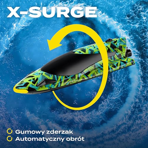 OVERMAX X-SURGE Zdalnie Sterowana Łódź Wyścigowa RC Motorówka ze Światłem LED 35 km/h Baterie 1200 mAh 30 min Zabawy Regulacja Prędkości Zasięg do 100 m, Zabawka na Basen i Jeziora