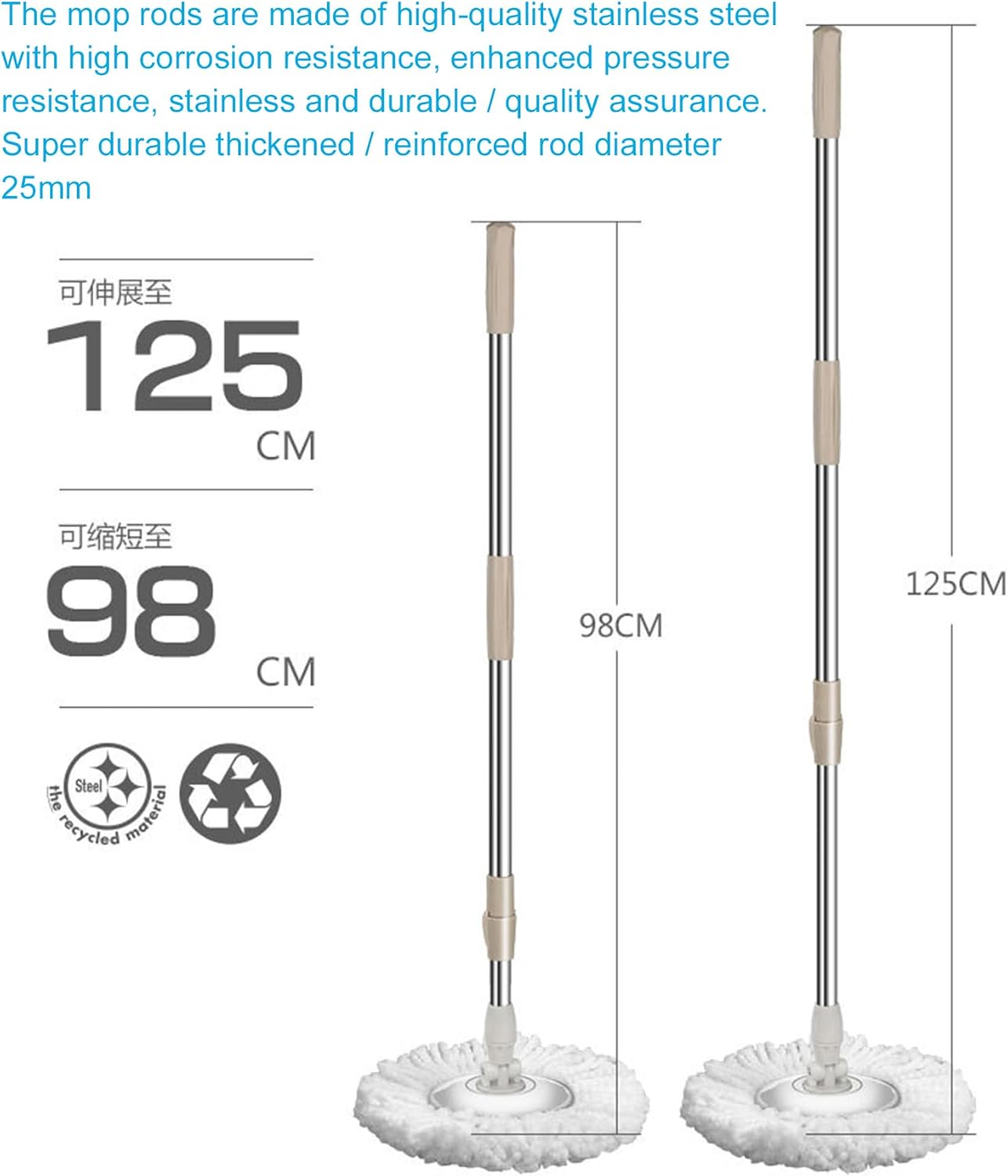 スピンモップとバケツセット 360&deg;スピンモップ 床の掃除用 ステンレススチールハンドル 伸縮可能なモップフロア 再利用可能なパッド