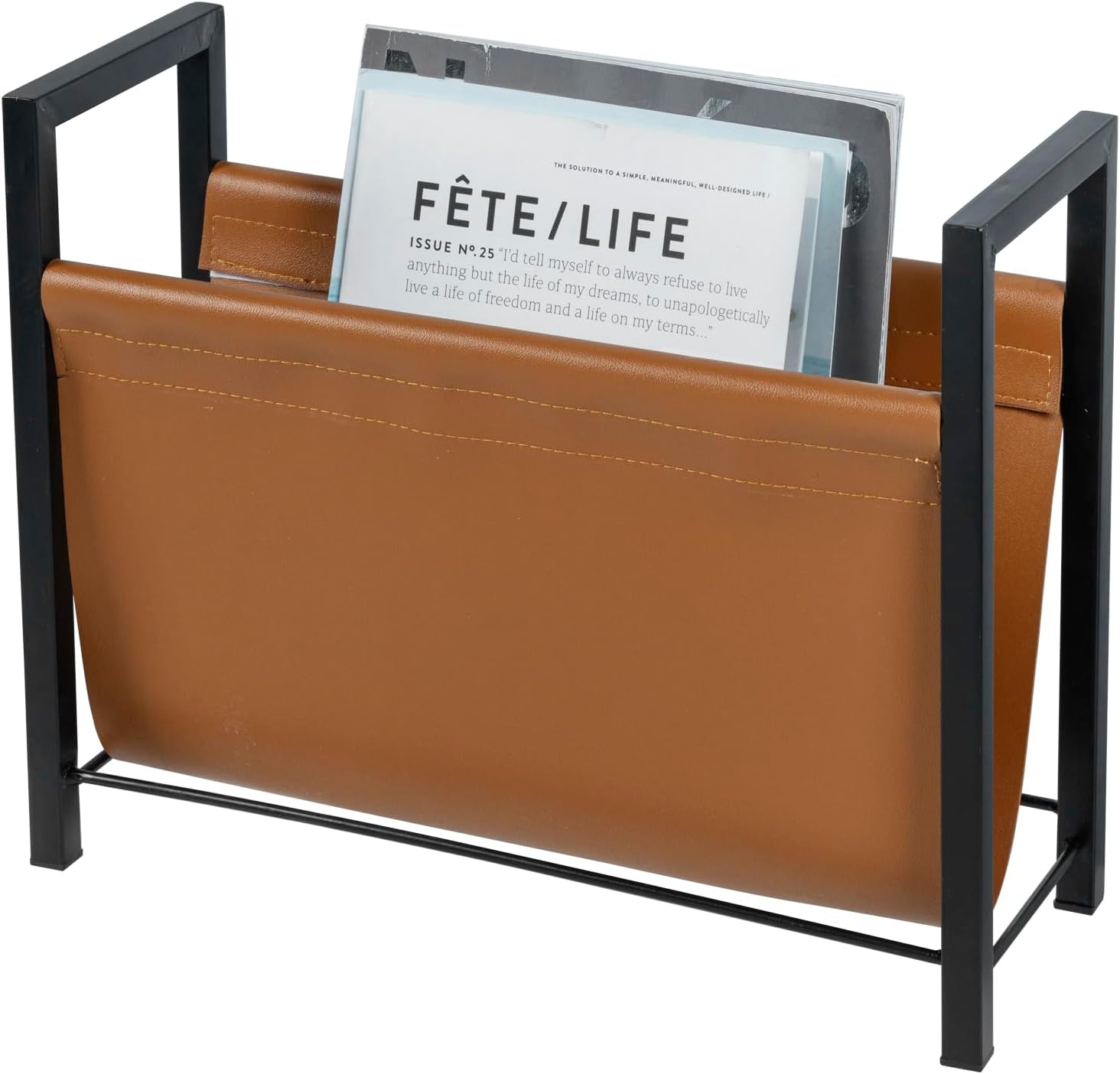 MyGift 15 Inch Modern Caramel Leatherette Magazine Holder with Rectangular Black Metal Frame, Floor Standing Faux Leather Book Storage Newspaper Rack, Home Bathroom Decor