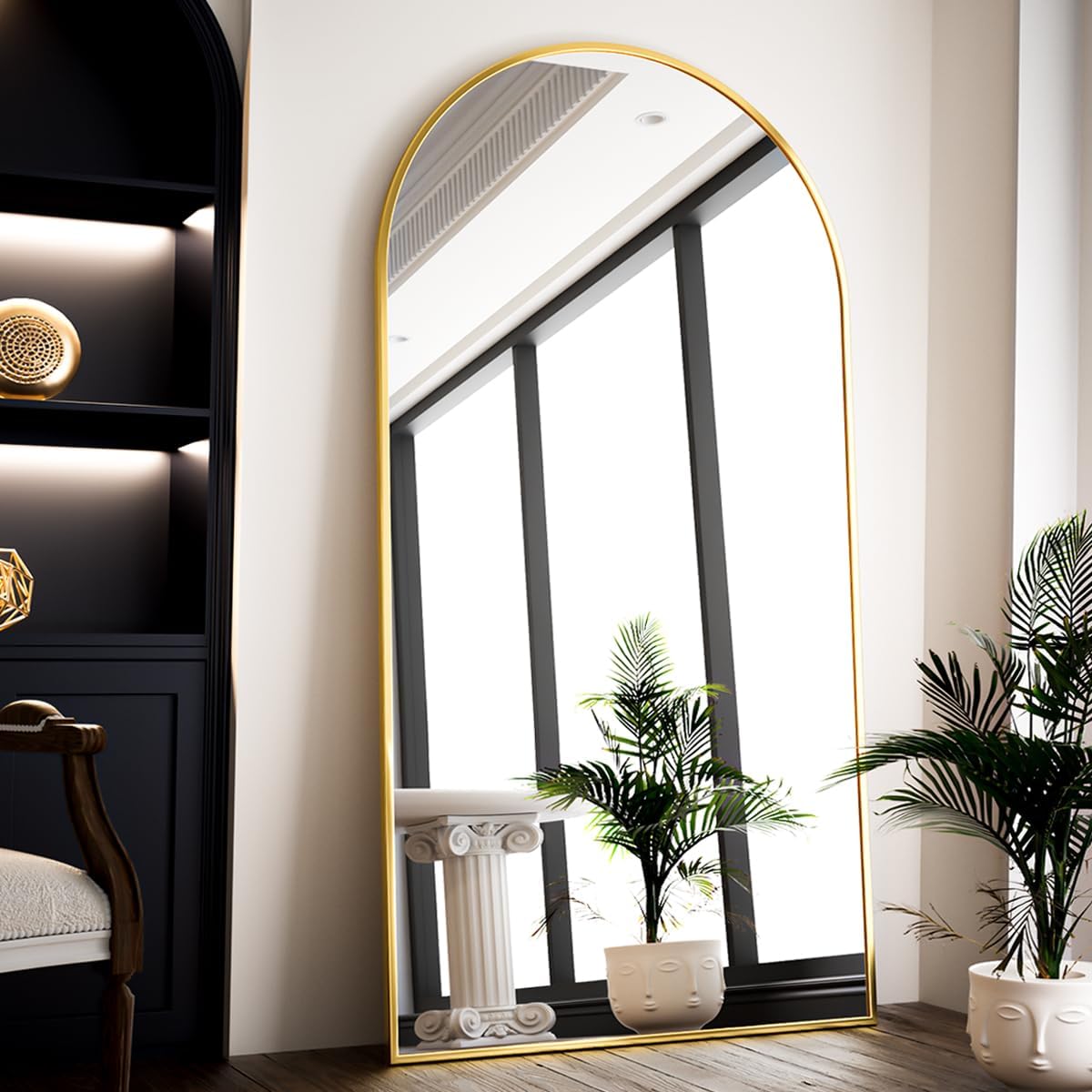 VooBang Full Length Mirror, 76" x 34" Arch Floor Mirror with Stand, Aluminum Alloy Frame Full Body Mirror, Standing Hanging or Leaning Against Wall for Wall Bedroom Bathroom Living Room Decor, Gold