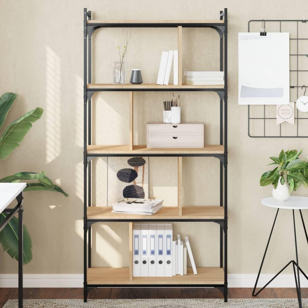 Regał na książki, 5 półek, dąb Sonoma, 76 x 32 x 158 cm, materiał drewnopochodny, metalowa rama, miejsce do przechowywania, organizer do salonu, biura, pokoju dziecięcego, korytarza
