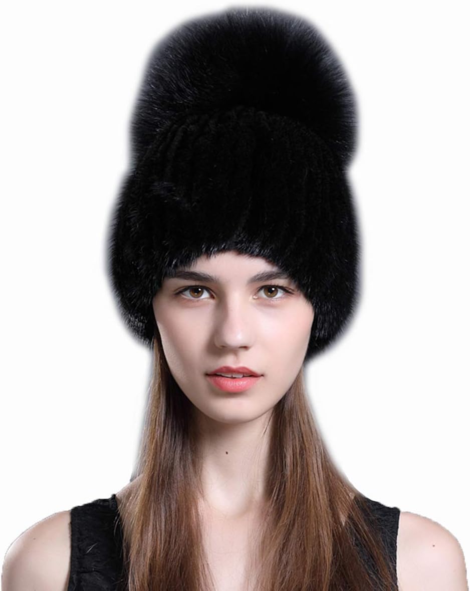 Knitted Hat Genuine Mink Hair with Large Fox Hair Pompom Fluffy Women Winter Warm Ski Cap